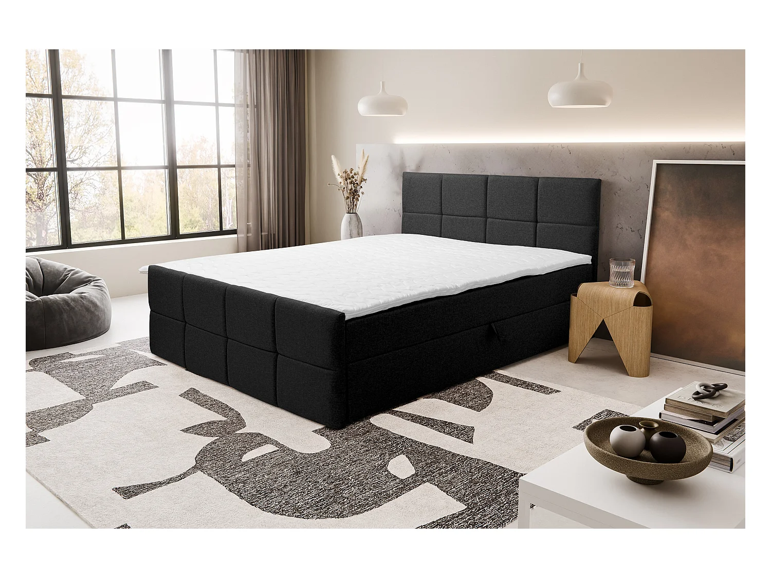 Lit boxspring DORIS avec 2 coffres de rangement, lit rembourré Dimensions: 140x200, couleur: noir, tissu velours