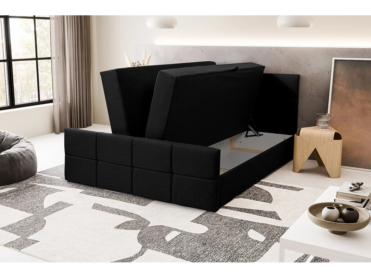 Lit boxspring DORIS avec 2 coffres de rangement, lit rembourré Dimensions: 140x200, couleur: noir, tissu velours