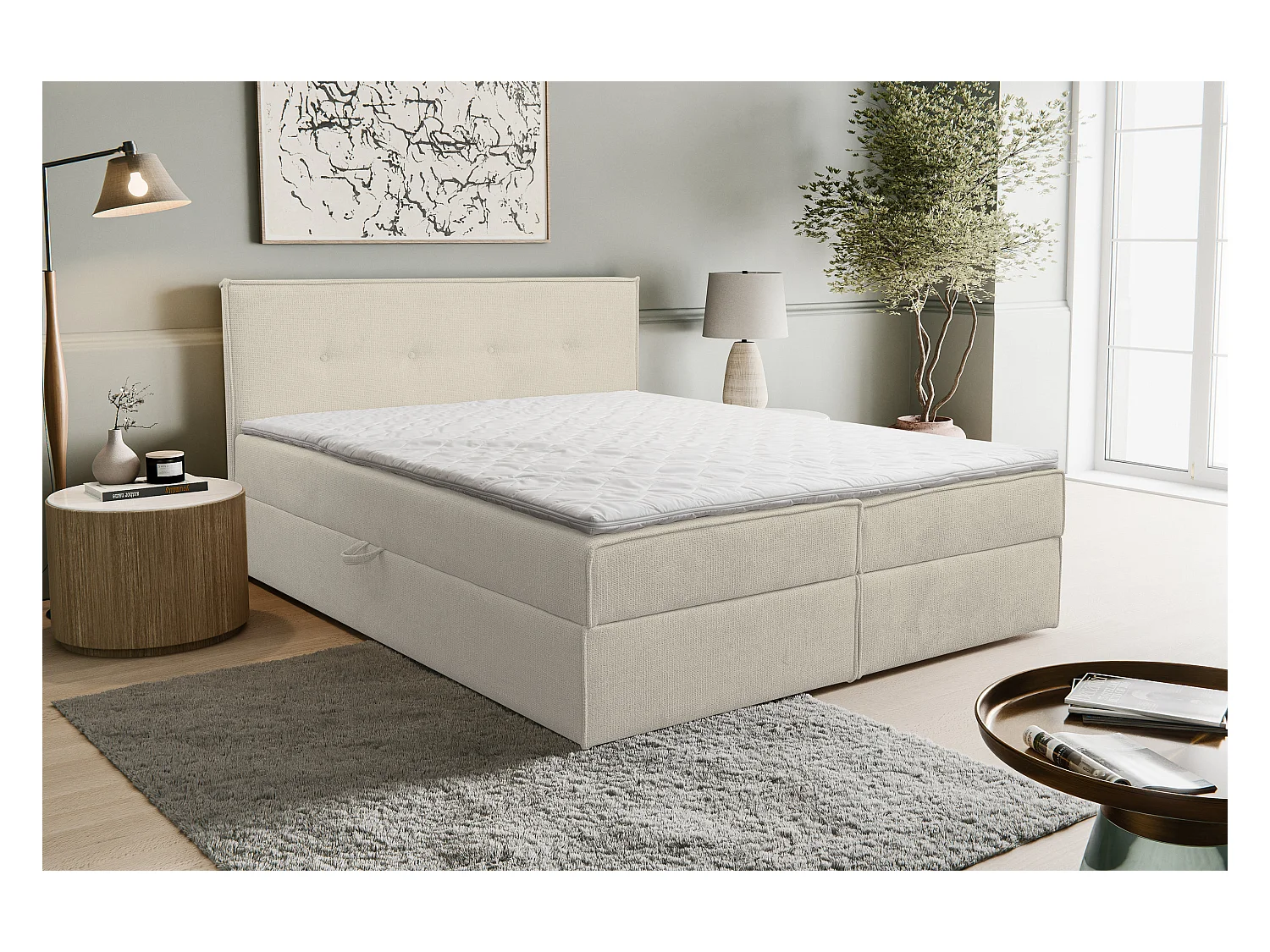 Boxspringbett Calido mit 2 Bettkästen, Polsterbett Maße: 180x200, Farbe: Beige, Strukturstoff, Doppelbett mit Bonell-Matratze inkl. Topper