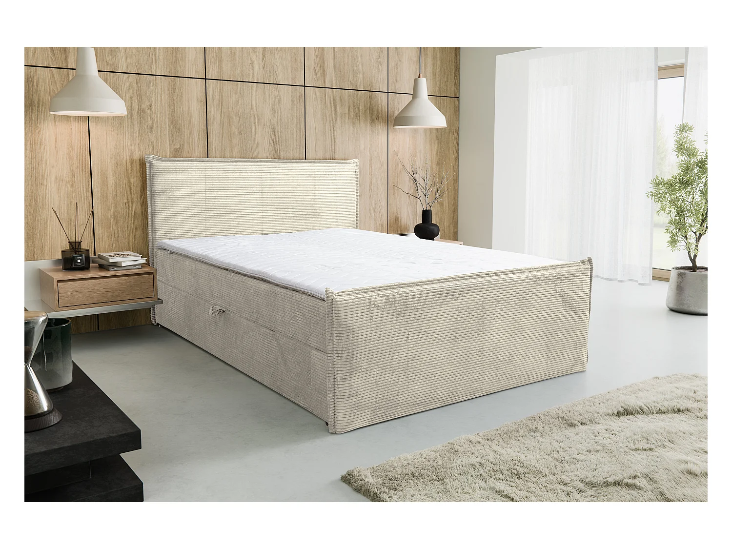 Lit boxspring Vanessa avec 2 coffres de rangement, lit rembourré Dimensions: 160x200, couleur: beige, tissu cordé