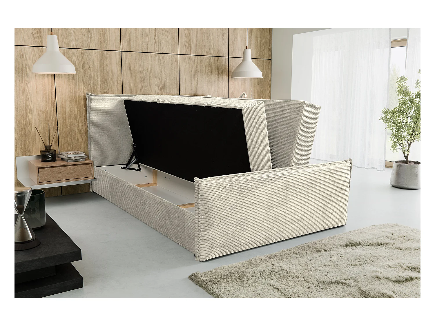 Lit boxspring Vanessa avec 2 coffres de rangement, lit rembourré Dimensions: 160x200, couleur: beige, tissu cordé