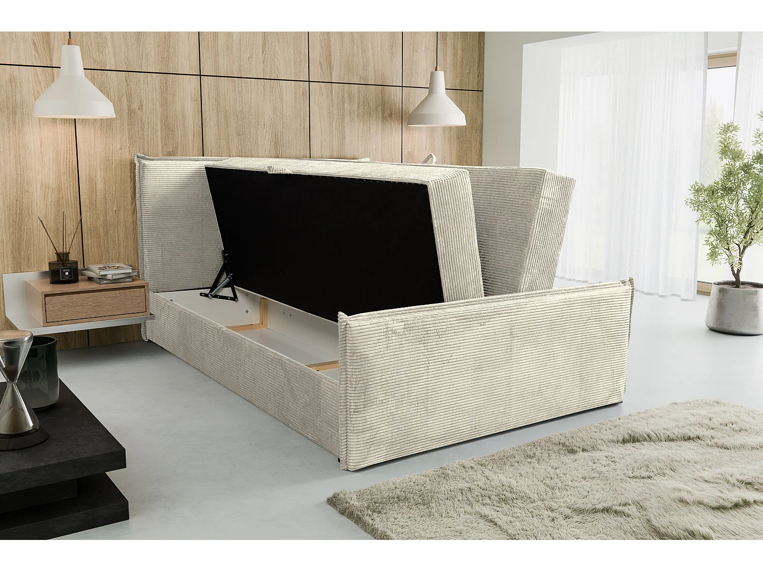Lit boxspring Vanessa avec 2 coffres de rangement, lit rembourré Dimensions: 160x200, couleur: beige, tissu cordé