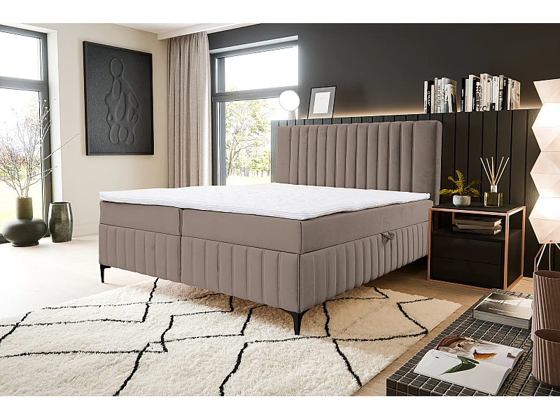 Lit boxspring QUANT avec 2 coffres de rangement, lit rembourré Dimensions: 140x200, couleur: marron, tissu velours