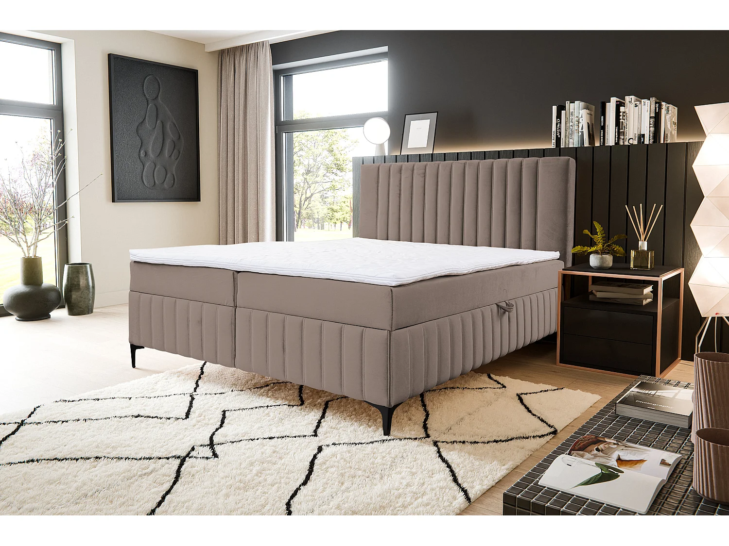 Lit boxspring QUANT avec 2 coffres de rangement, lit rembourré Dimensions: 140x200, couleur: marron, tissu velours