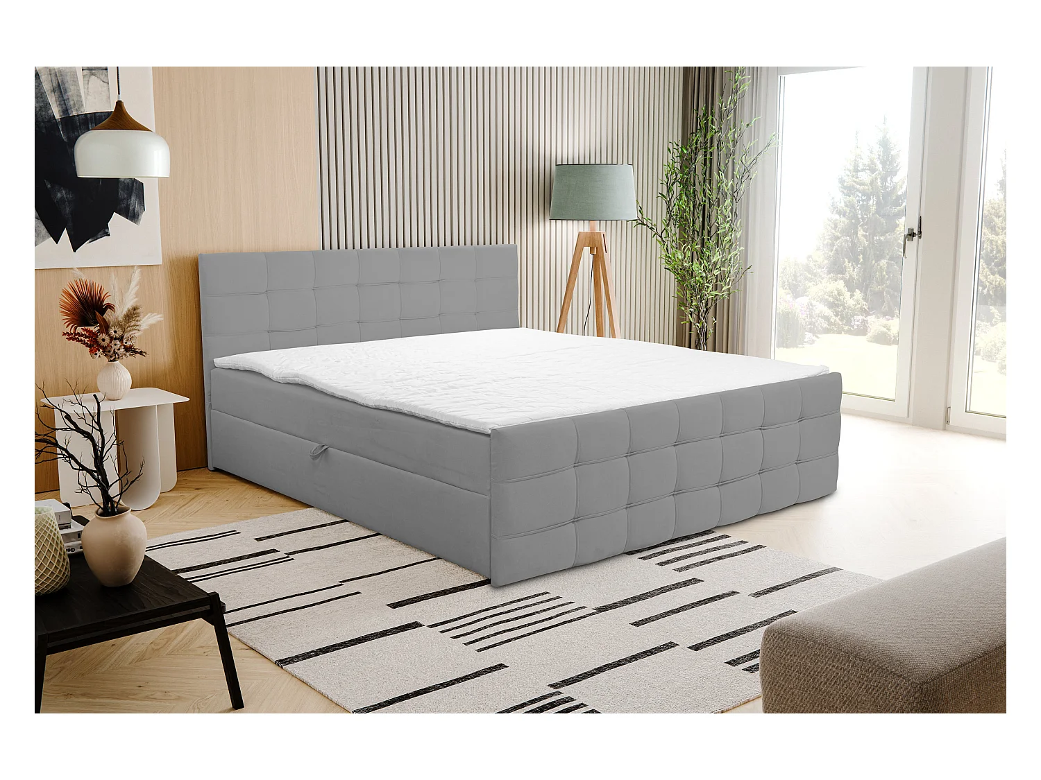 Lit boxspring NATALIE avec 2 coffres de rangement, lit rembourré Dimensions: 140x200, couleur: gris, tissu velours