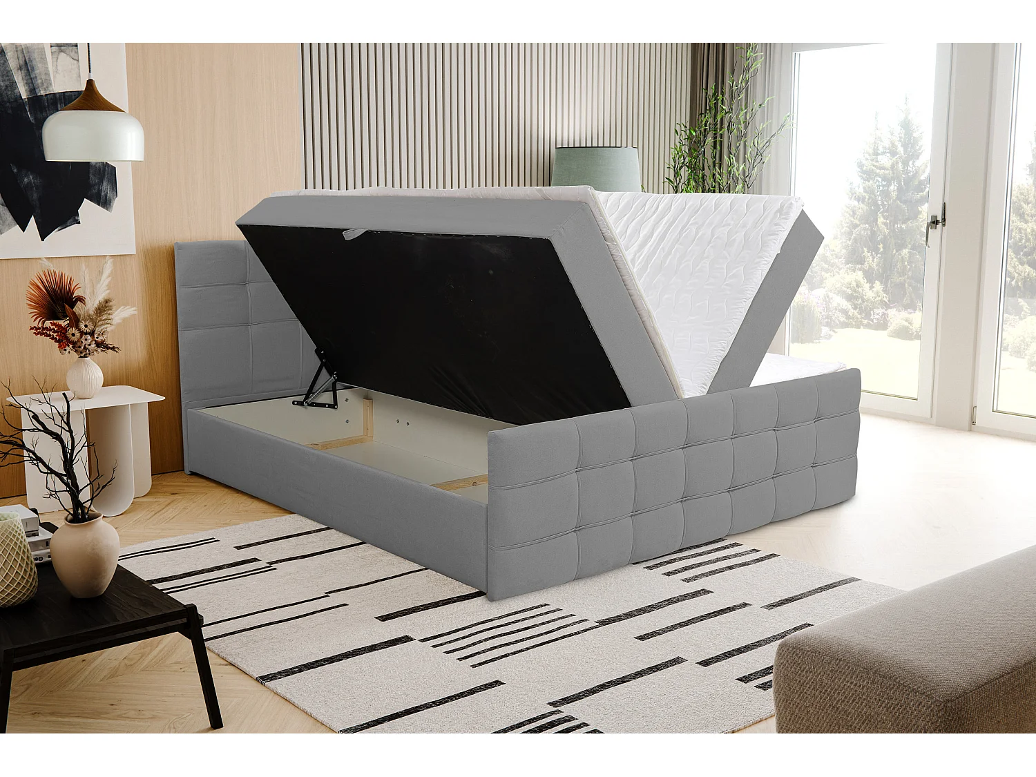 Lit boxspring NATALIE avec 2 coffres de rangement, lit rembourré Dimensions: 140x200, couleur: gris, tissu velours