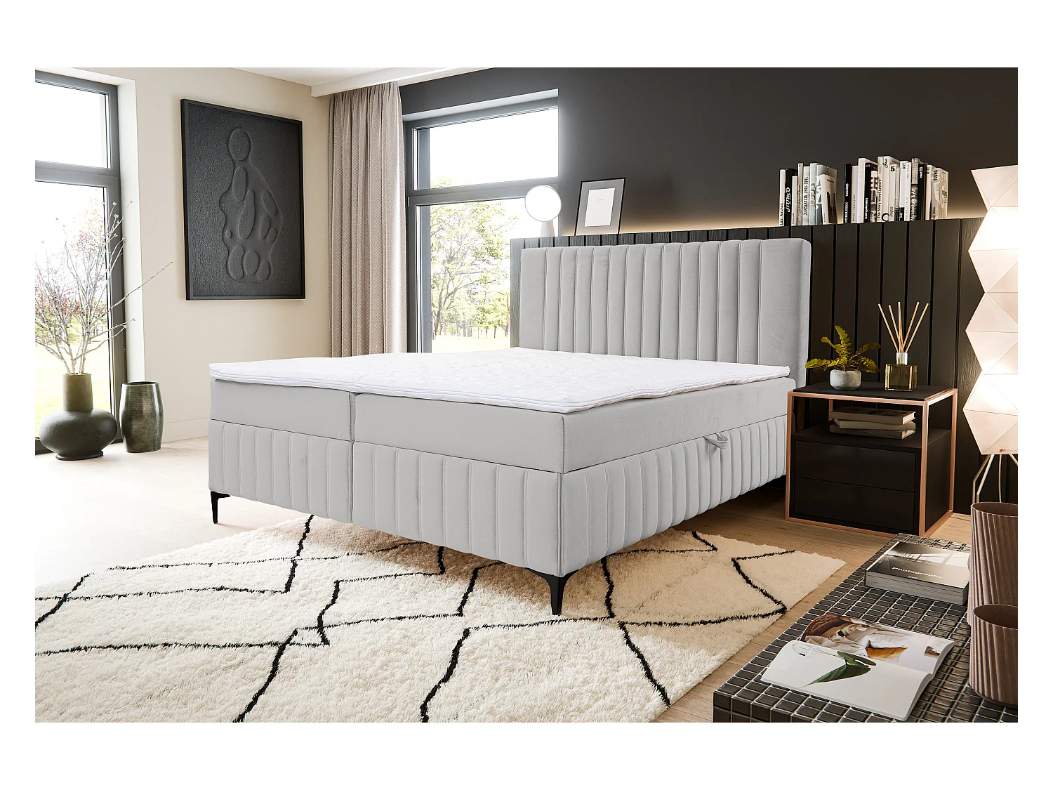 Boxspringbett QUANT mit 2 Bettkästen, Polsterbett Maße: 180x200, Farbe: Beige, Velourstoff, Doppelbett mit Bonell-Matratze inkl. Topper