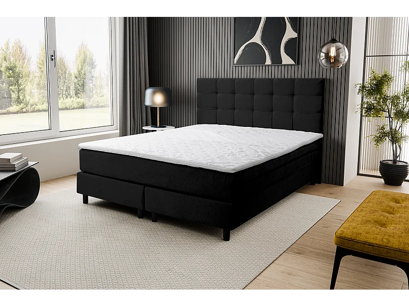 Lit boxspring BOSS, lit rembourré Dimensions : 160 x 200 cm, couleur : noir, tissu velours, lit double avec matelas Bonell H3 et surmatelas inclus