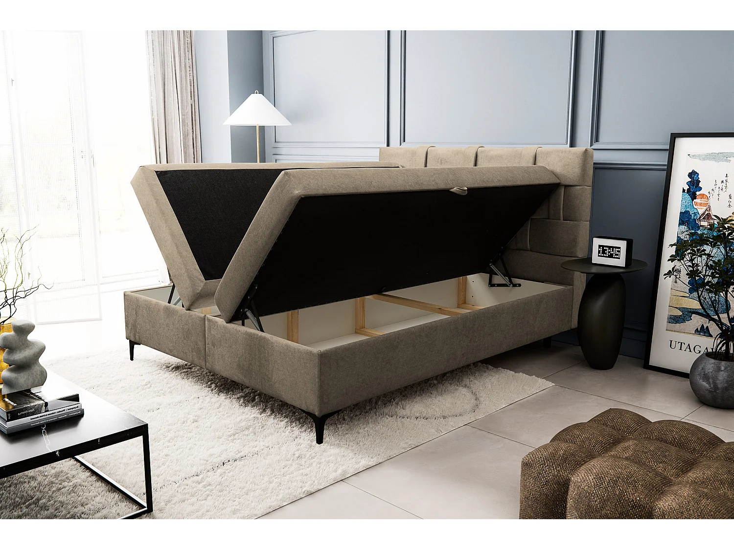 Lit boxspring Charlotte avec 2 coffres de rangement, lit rembourré Dimensions: 140x200 cm, couleur: marron, tissu velours