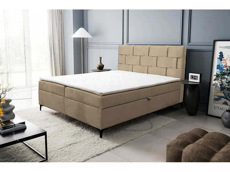 Lit boxspring Charlotte avec 2 coffres de rangement, lit rembourré Dimensions: 140x200 cm, couleur: marron, tissu velours