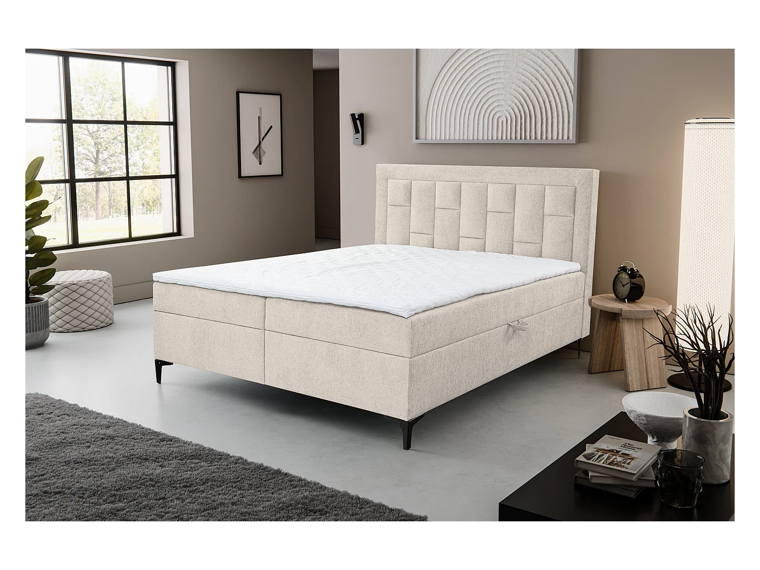 Lit boxspring VENEZIA avec 2 tiroirs de rangement, lit rembourré Dimensions: 160x200 cm, couleur: beige, tissu velours