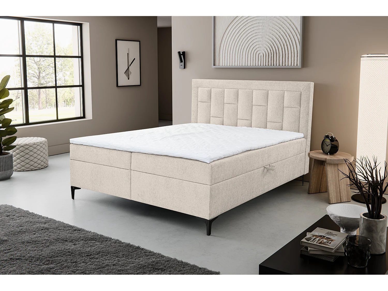 Lit boxspring VENEZIA avec 2 tiroirs de rangement, lit rembourré Dimensions: 160x200 cm, couleur: beige, tissu velours