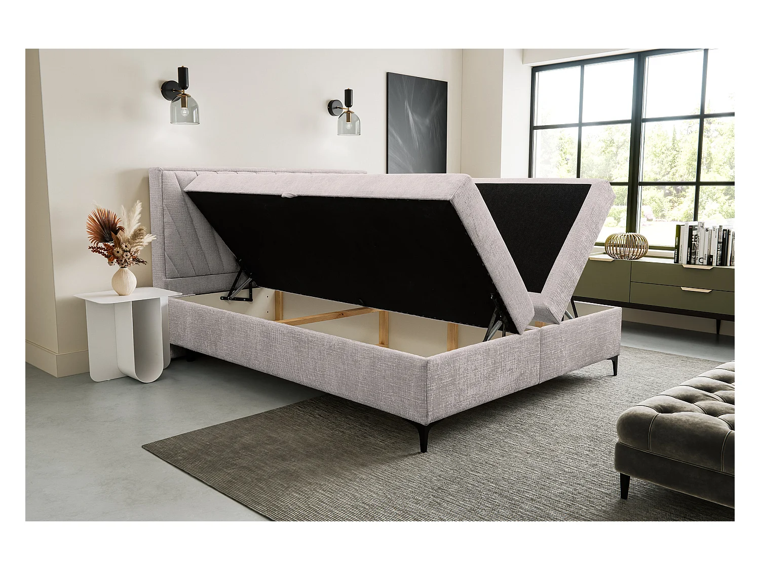 Lit boxspring Cimone avec 2 coffres de rangement, lit rembourré Dimensions: 160x200 cm, couleur: beige, tissu velours