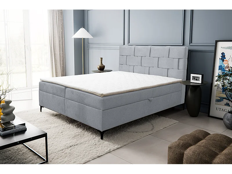 Lit boxspring Charlotte avec 2 coffres de rangement, lit rembourré Dimensions: 140x200 cm, couleur: gris, tissu velours