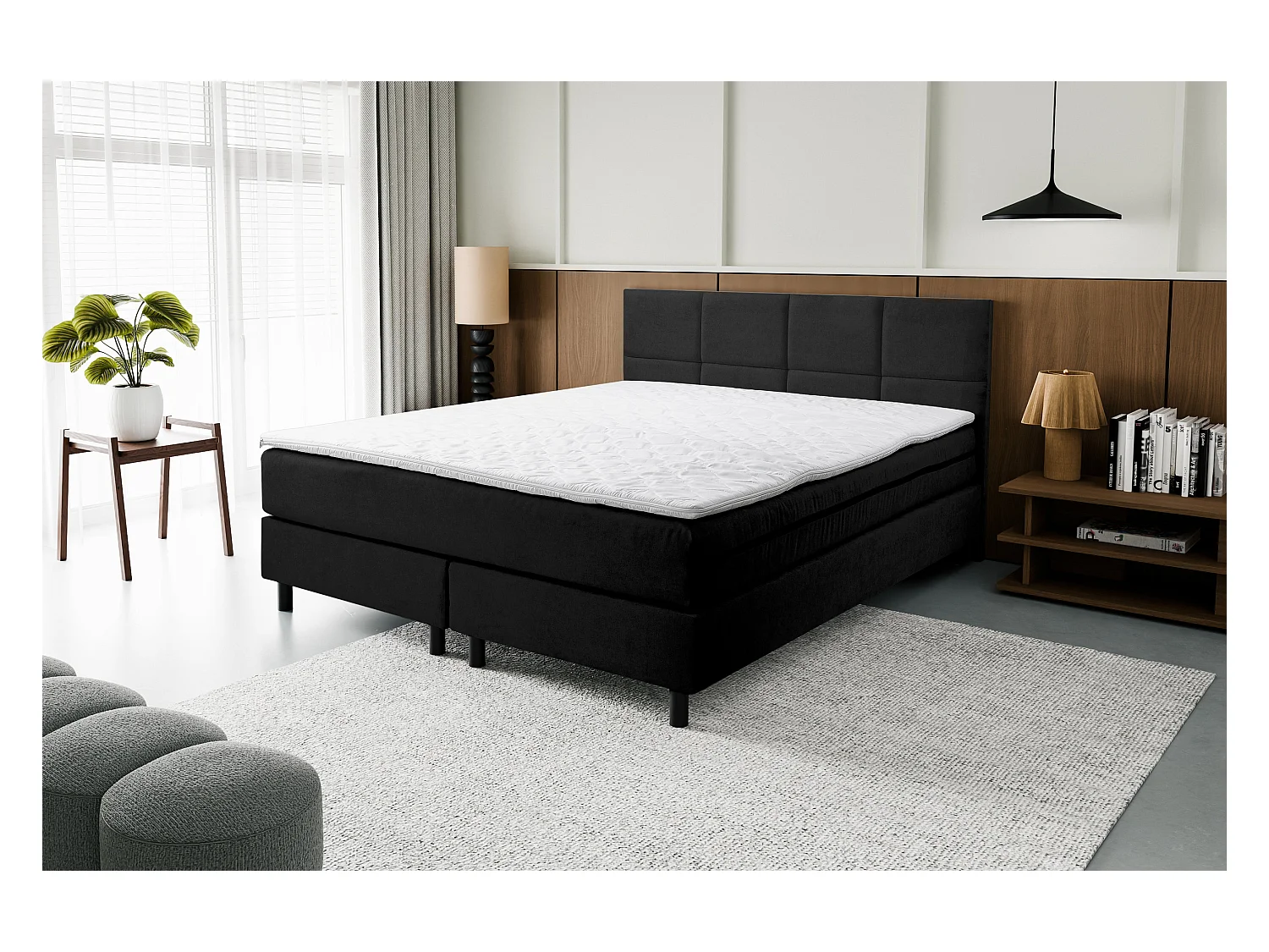 Lit boxspring Kansas, lit rembourré Dimensions : 160x200 cm, couleur : noir, tissu velours, lit double avec matelas Bonell H3 et surmatelas inclus