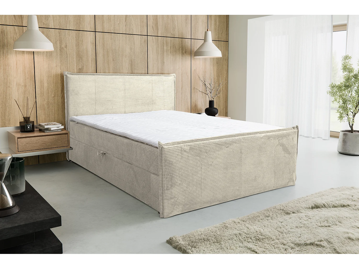 Lit boxspring Vanessa avec 2 tiroirs de rangement, lit rembourré Dimensions: 140x200, couleur: beige, tissu cordé