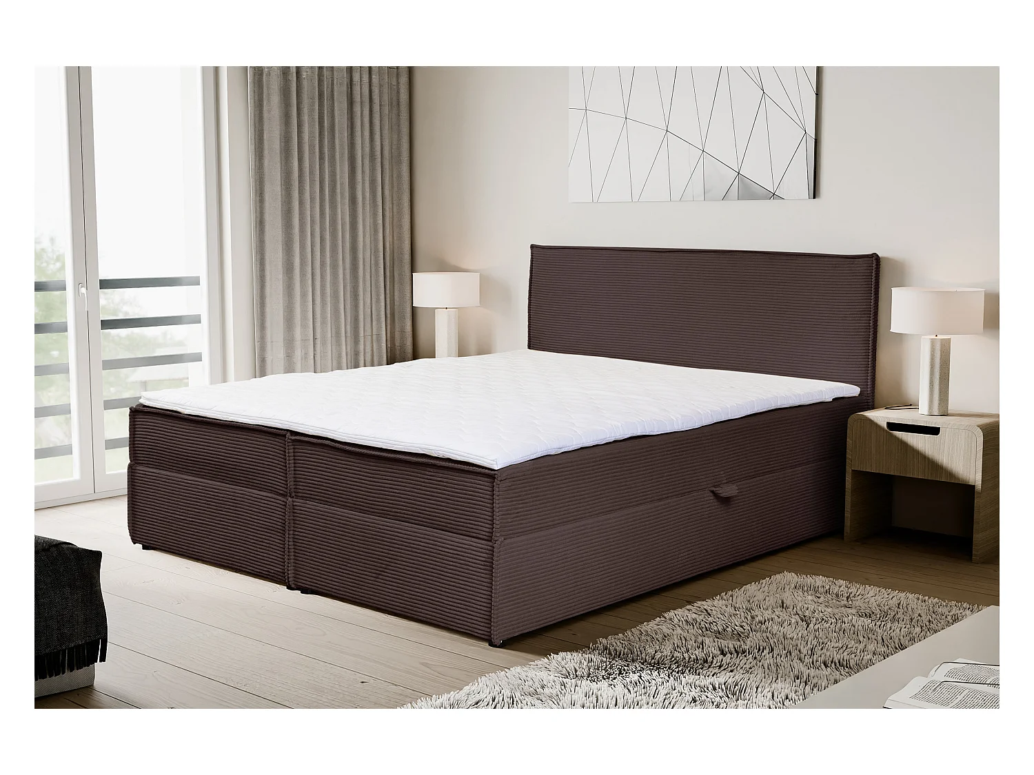 Lit boxspring GLORIA avec 2 coffres de rangement, lit rembourré Dimensions: 140x200, couleur: marron, tissu cordé