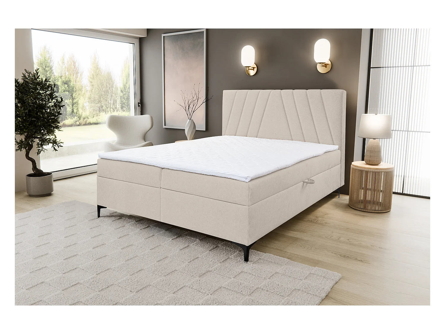 Boxspringbett CAPRI mit 2 Bettkästen, Polsterbett Maße: 180x200 cm, Farbe: Beige, Velourstoff, Doppelbett mit Bonell-Matratze inkl. Topper