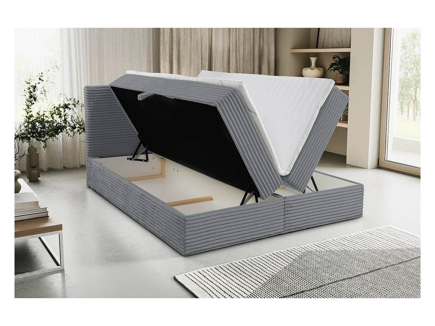 Lit boxspring Tilly avec 2 tiroirs de rangement, lit rembourré Dimensions: 160x200, couleur: gris, tissu cordé