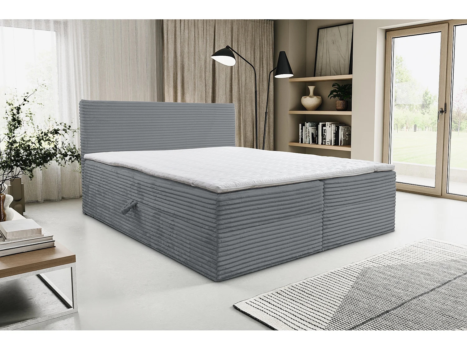 Lit boxspring Tilly avec 2 tiroirs de rangement, lit rembourré Dimensions: 160x200, couleur: gris, tissu cordé
