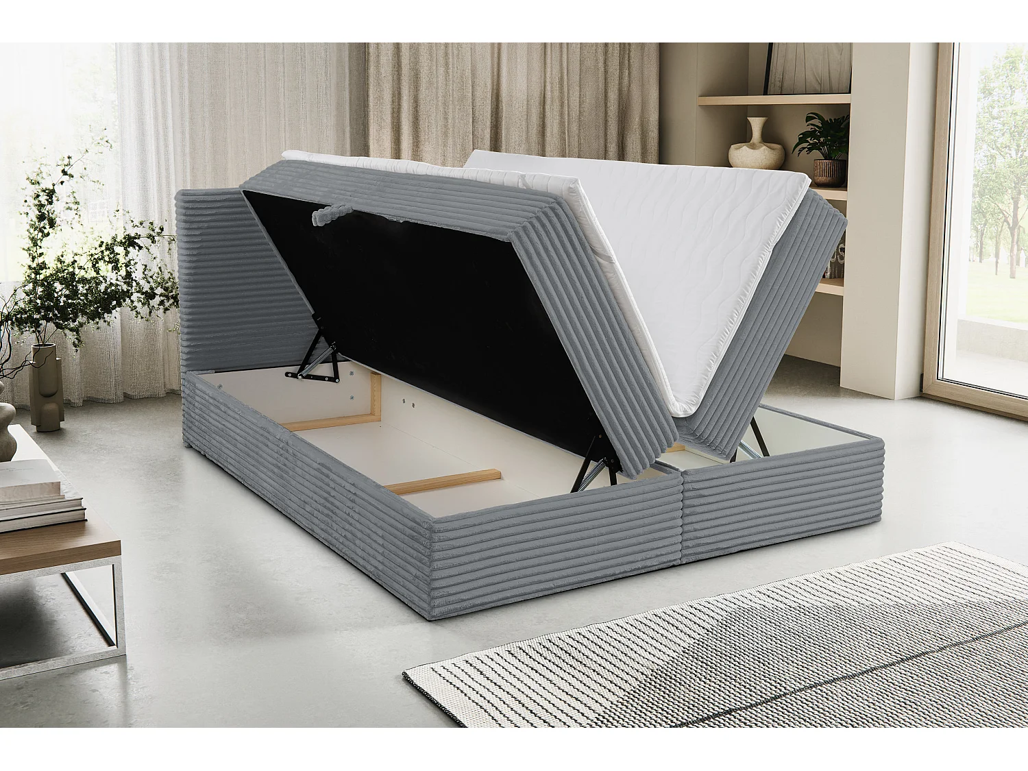Lit boxspring Tilly avec 2 tiroirs de rangement, lit rembourré Dimensions: 160x200, couleur: gris, tissu cordé