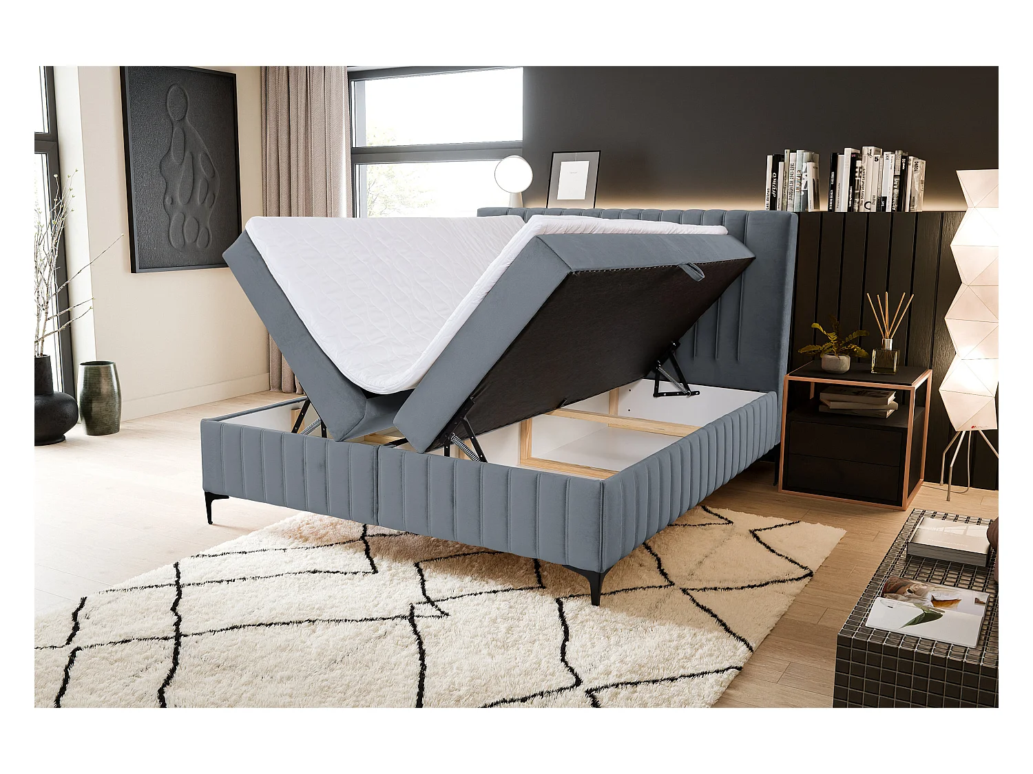 Lit boxspring QUANT avec 2 coffres de rangement, lit rembourré Dimensions: 180x200, couleur: gris, tissu velours