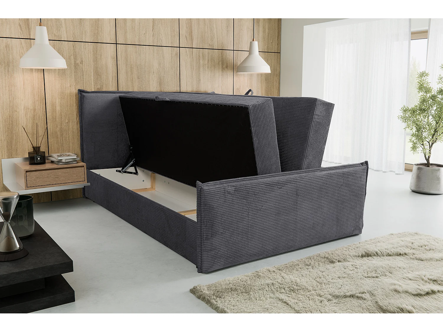 Lit boxspring Vanessa avec 2 tiroirs de rangement, lit rembourré Dimensions: 180x200, couleur: gris, tissu cordé