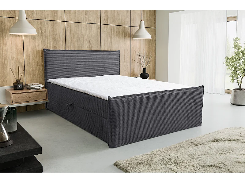 Lit boxspring Vanessa avec 2 tiroirs de rangement, lit rembourré Dimensions: 180x200, couleur: gris, tissu cordé