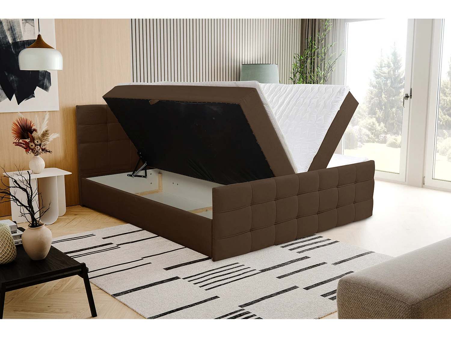 Lit boxspring NATALIE avec 2 coffres de rangement, lit rembourré Dimensions: 140x200, couleur: marron, tissu velours