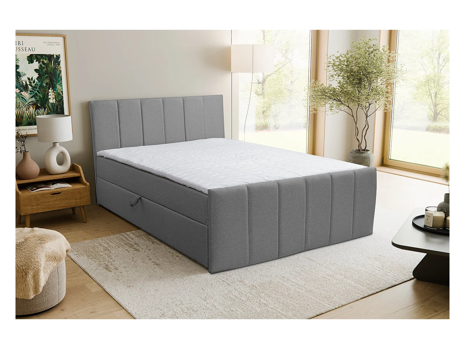 Lit boxspring CLAUDINE avec 2 coffres de rangement, lit rembourré Dimensions: 180x200, couleur: gris, tissu velours