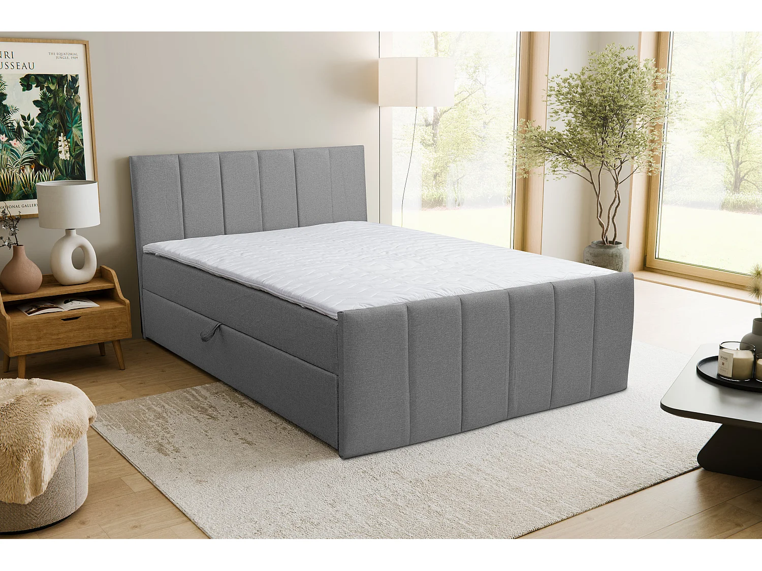 Lit boxspring CLAUDINE avec 2 coffres de rangement, lit rembourré Dimensions: 180x200, couleur: gris, tissu velours
