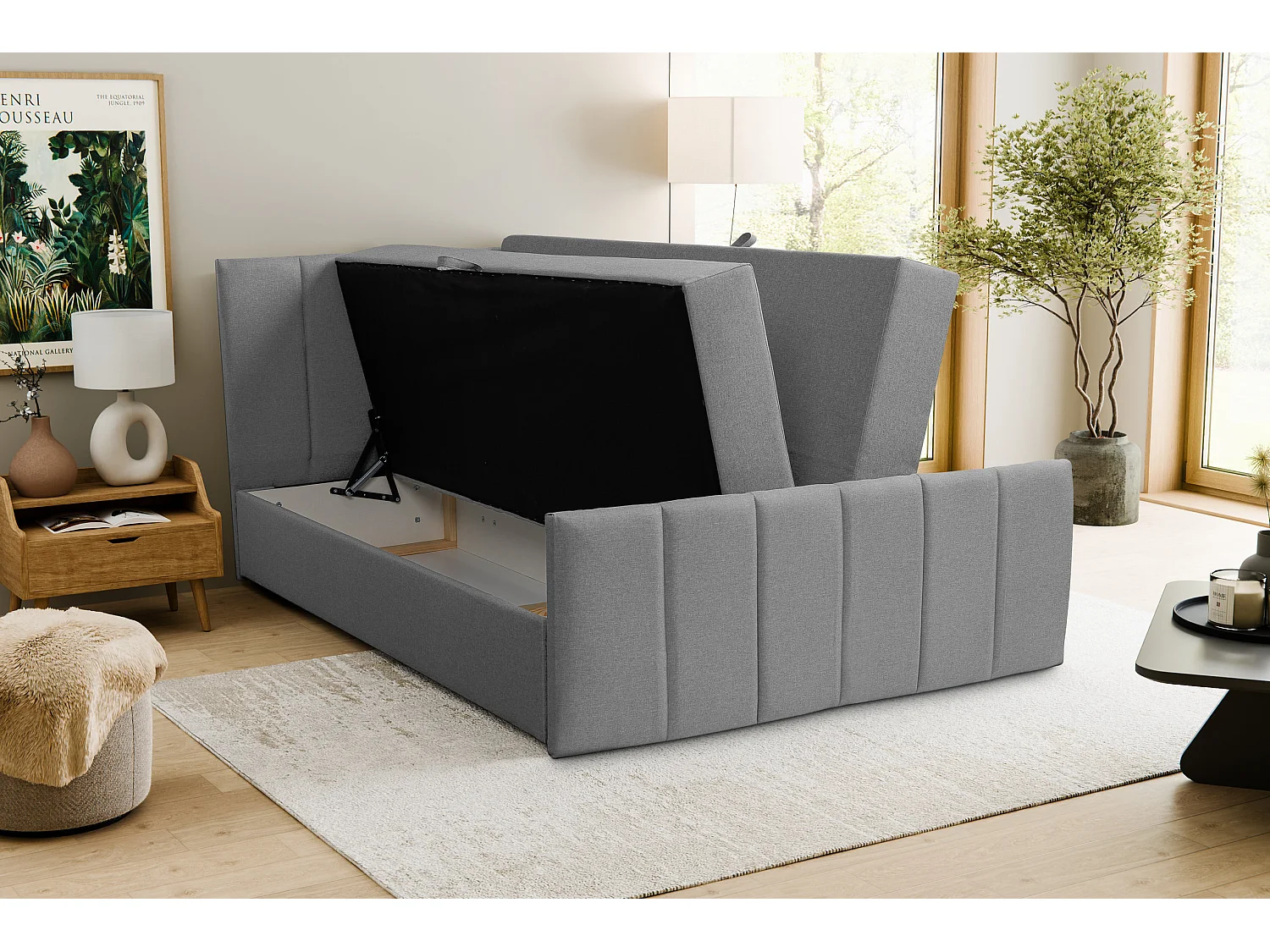 Lit boxspring CLAUDINE avec 2 coffres de rangement, lit rembourré Dimensions: 180x200, couleur: gris, tissu velours