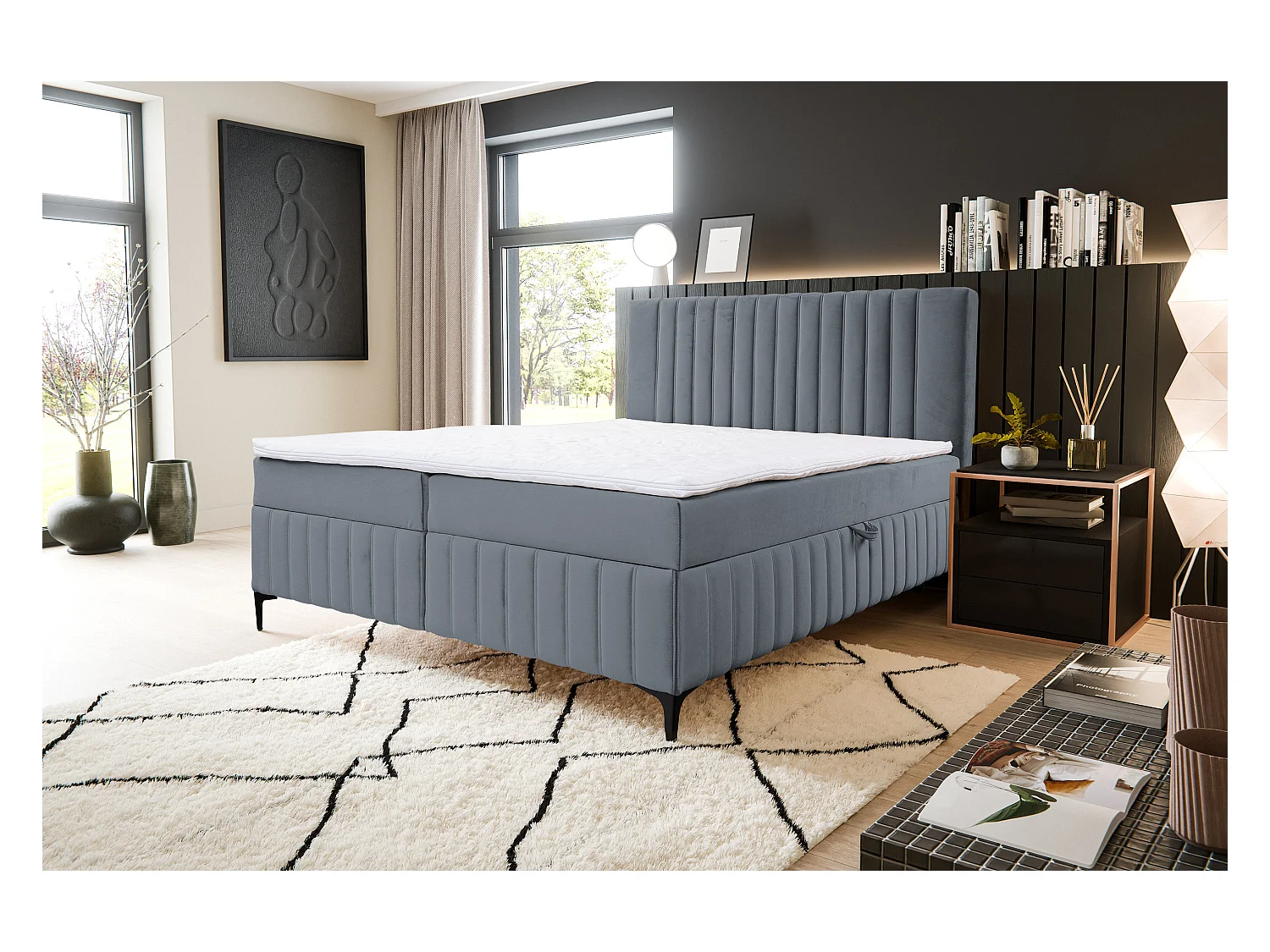 Boxspringbett QUANT mit 2 Bettkästen, Polsterbett Maße: 160x200, Farbe: Grau, Velourstoff, Doppelbett mit Bonell-Matratze inkl. Topper