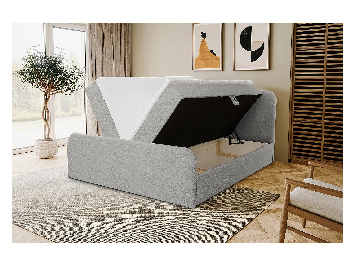 Lit boxspring LAMBI avec 2 coffres de rangement, lit rembourré Dimensions: 160x200, couleur: gris, tissu bouclé