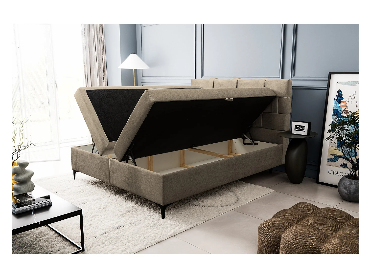 Lit boxspring Charlotte avec 2 coffres de rangement, lit rembourré Dimensions: 180 x 200 cm, couleur: marron, tissu velours