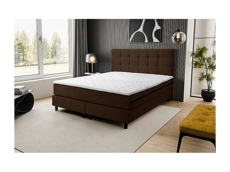 Lit boxspring BOSS, lit rembourré Dimensions : 140x200 cm, couleur : marron, tissu velours, lit double avec matelas Bonell H3 et surmatelas inclus