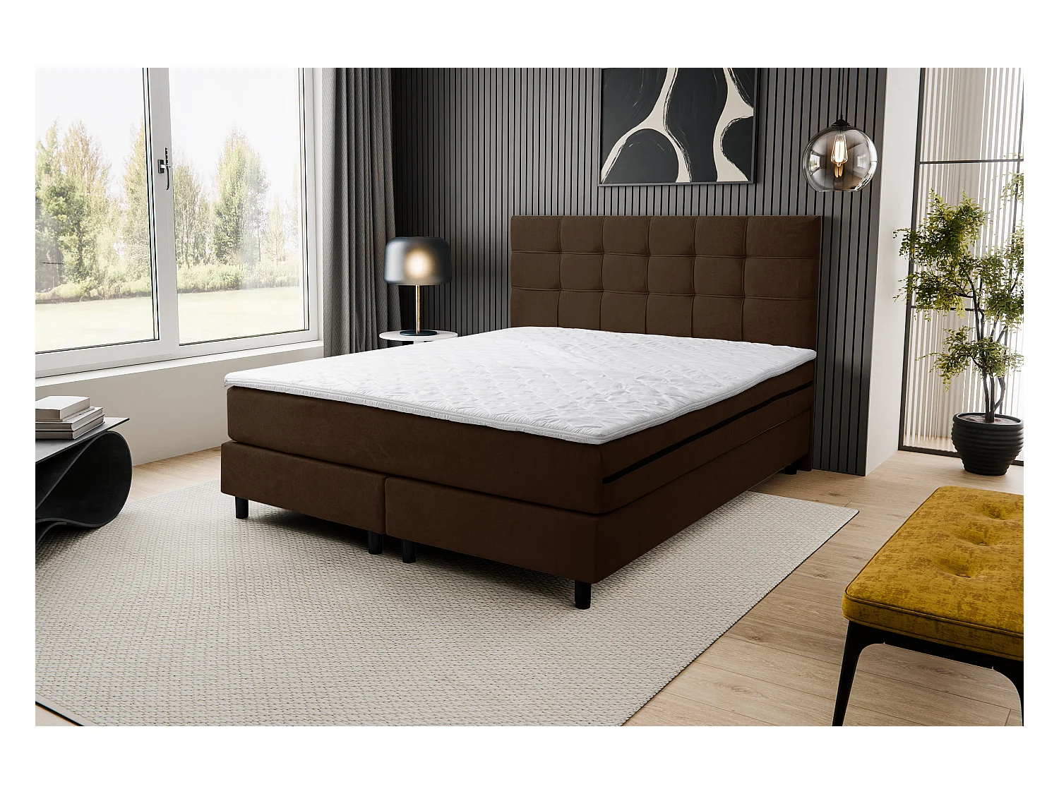 Lit boxspring BOSS, lit rembourré Dimensions : 140x200 cm, couleur : marron, tissu velours, lit double avec matelas Bonell H3 et surmatelas inclus