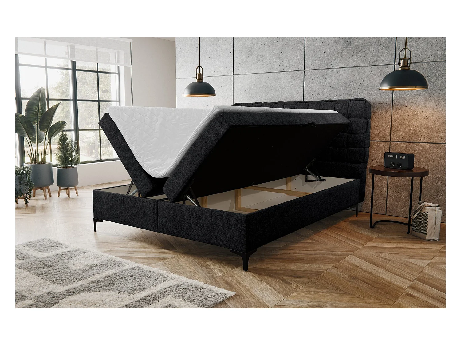 Lit boxspring Roma avec 2 coffres de rangement, lit rembourré Dimensions: 160x200, couleur: noir, tissu velours
