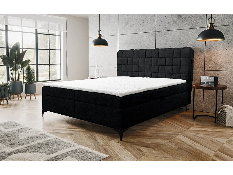 Lit boxspring Roma avec 2 coffres de rangement, lit rembourré Dimensions: 160x200, couleur: noir, tissu velours