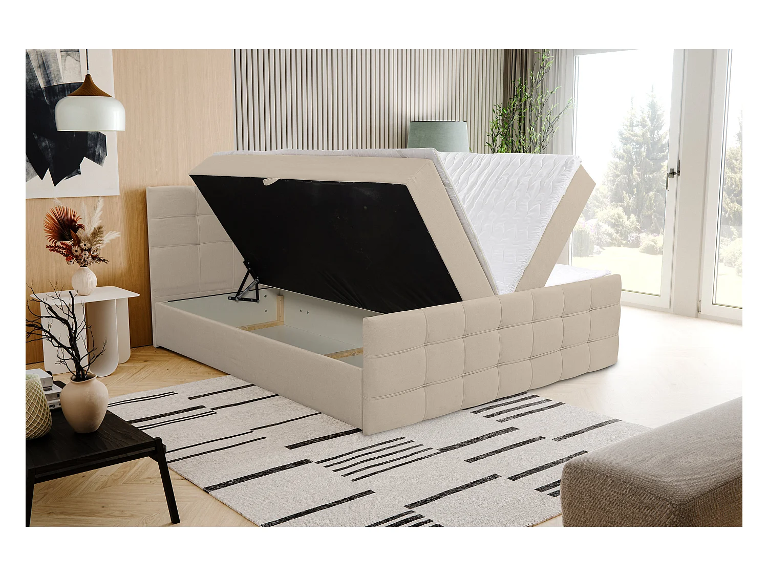 Lit boxspring NATALIE avec 2 coffres de rangement, lit rembourré Dimensions: 180x200, couleur: beige, tissu velours