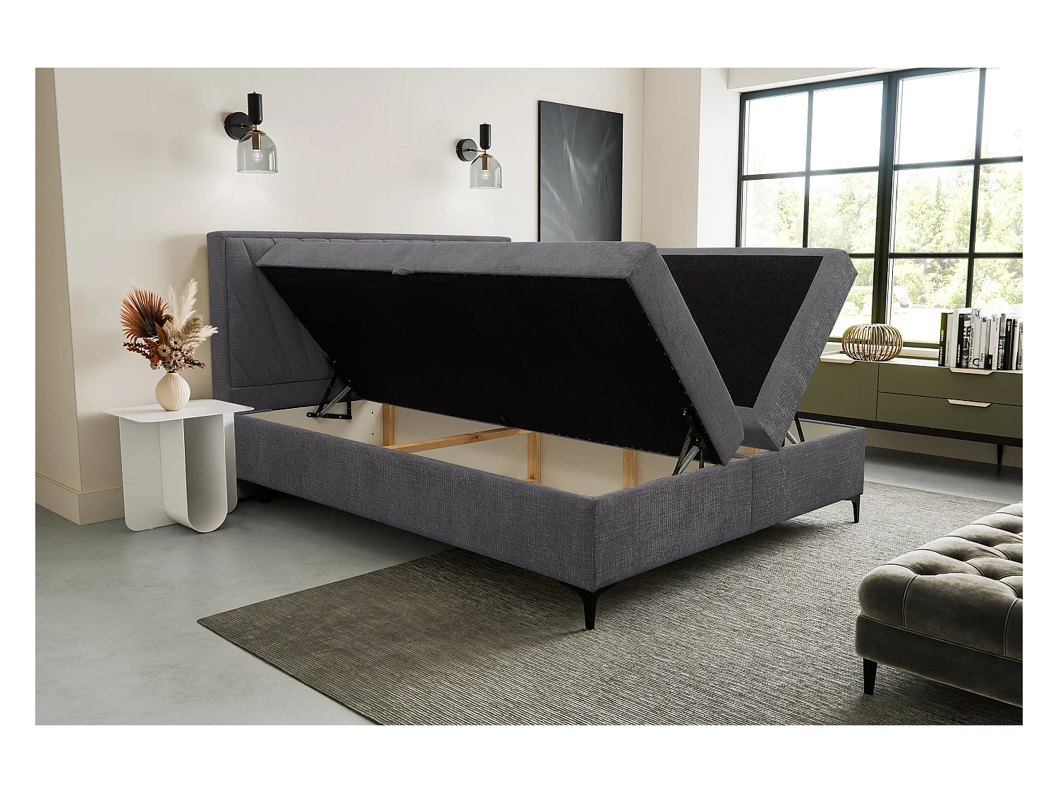 Lit boxspring Cimone avec 2 coffres de rangement, lit rembourré Dimensions: 180x200 cm, couleur: gris foncé, tissu velours