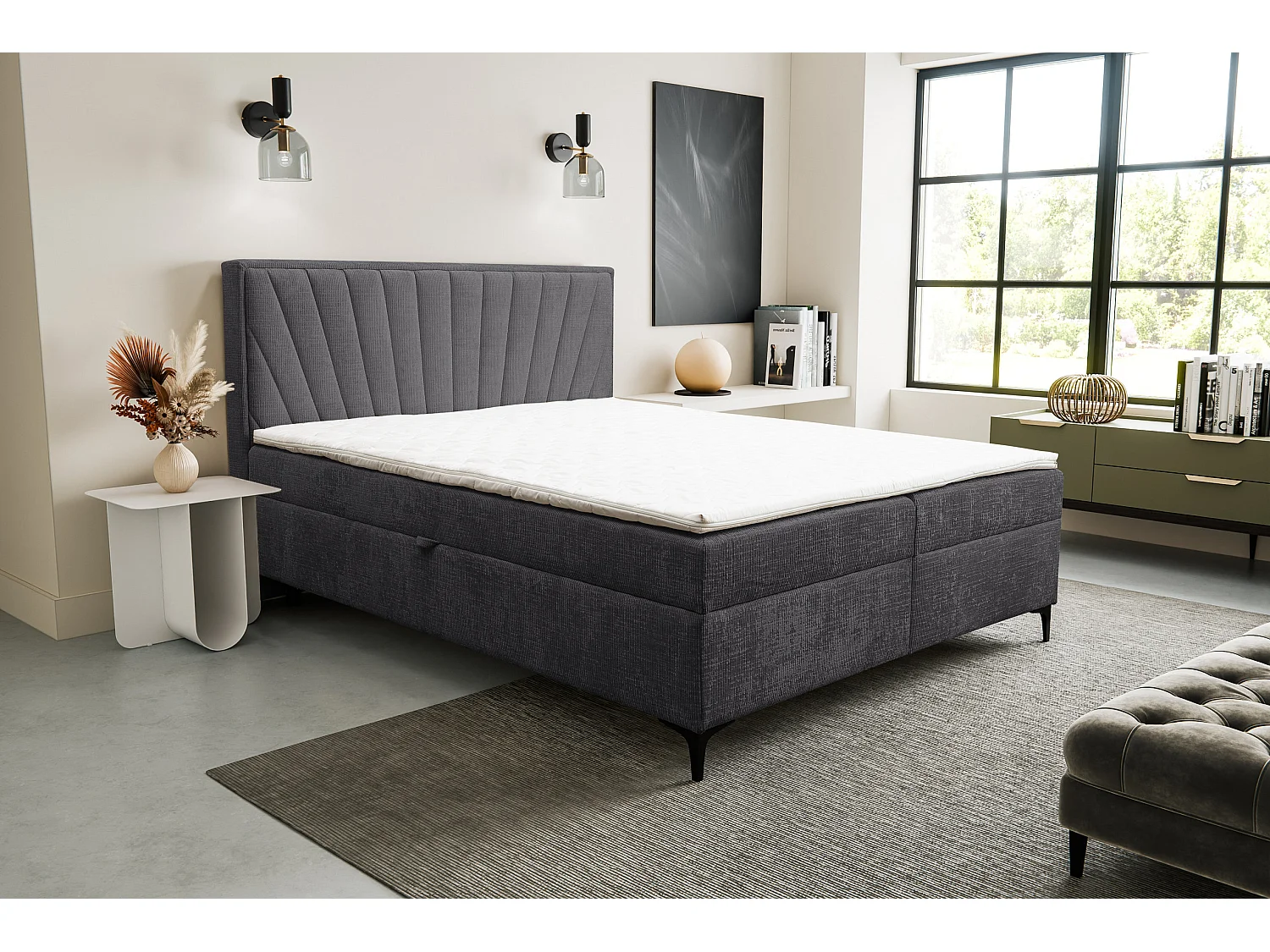 Lit boxspring Cimone avec 2 coffres de rangement, lit rembourré Dimensions: 180x200 cm, couleur: gris foncé, tissu velours