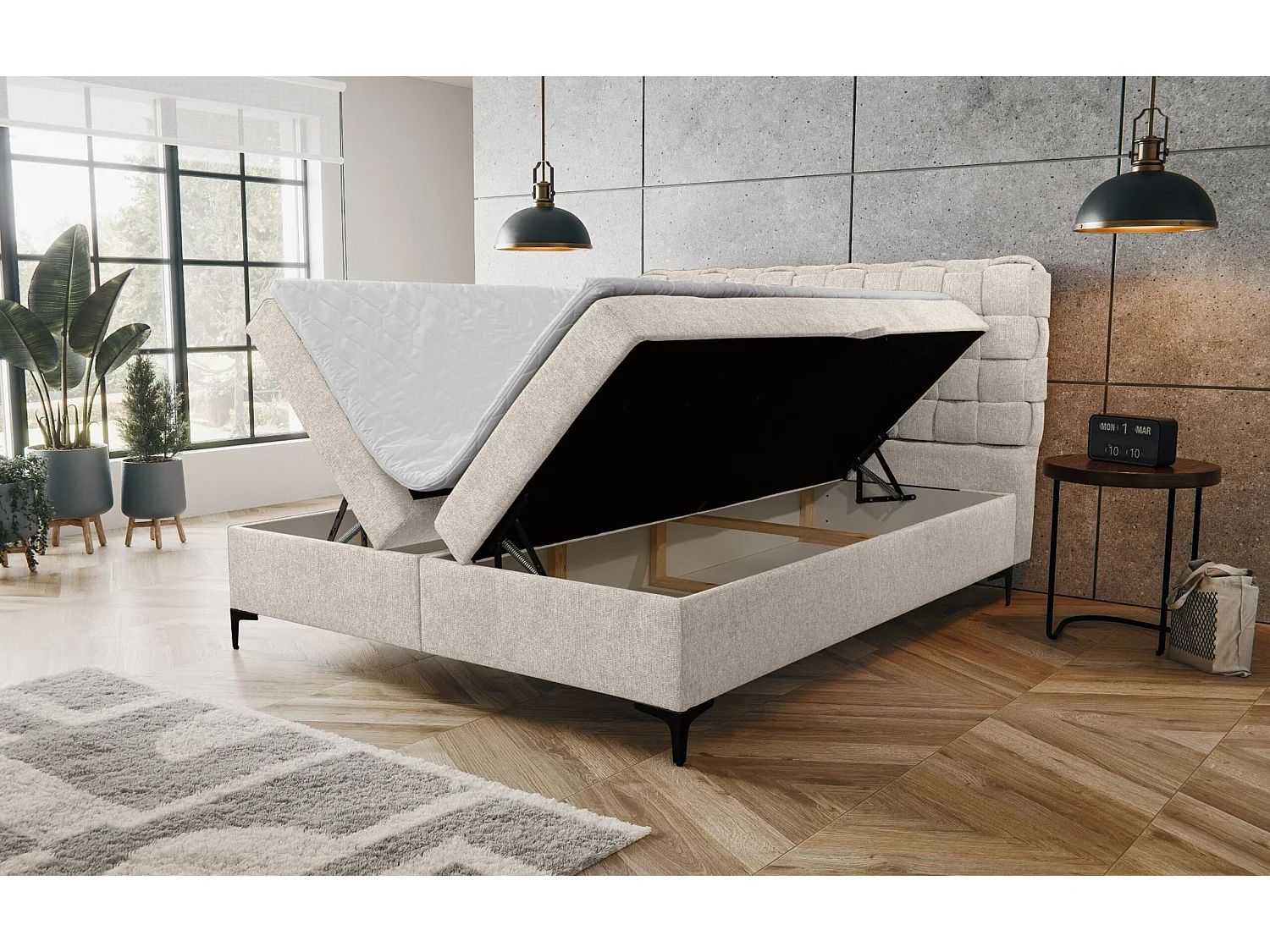 Lit boxspring Roma avec 2 coffres de rangement, lit rembourré Dimensions: 140x200, couleur: beige, tissu velours