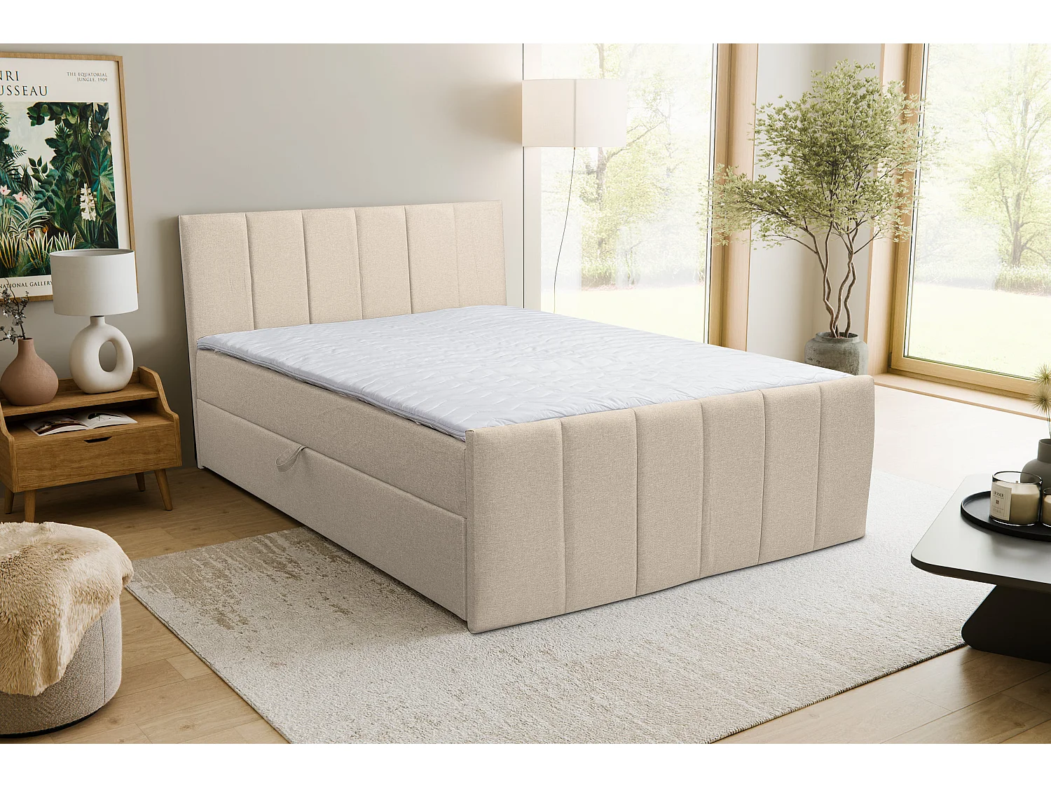 Lit boxspring CLAUDINE avec 2 coffres de rangement, lit rembourré Dimensions: 140x200, couleur: beige, tissu velours