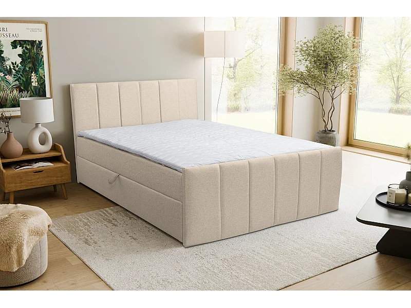Lit boxspring CLAUDINE avec 2 coffres de rangement, lit rembourré Dimensions: 140x200, couleur: beige, tissu velours