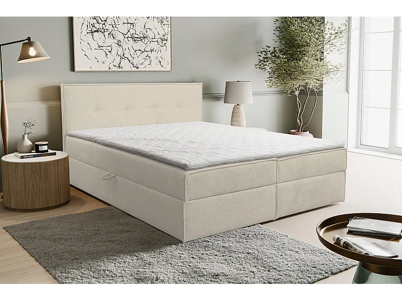 Boxspringbed Calido met 2 bedbakken, gestoffeerd bed Afmetingen: 140x200, kleur: beige, structuurstof, tweepersoonsbed met Bonell-matras incl. topper