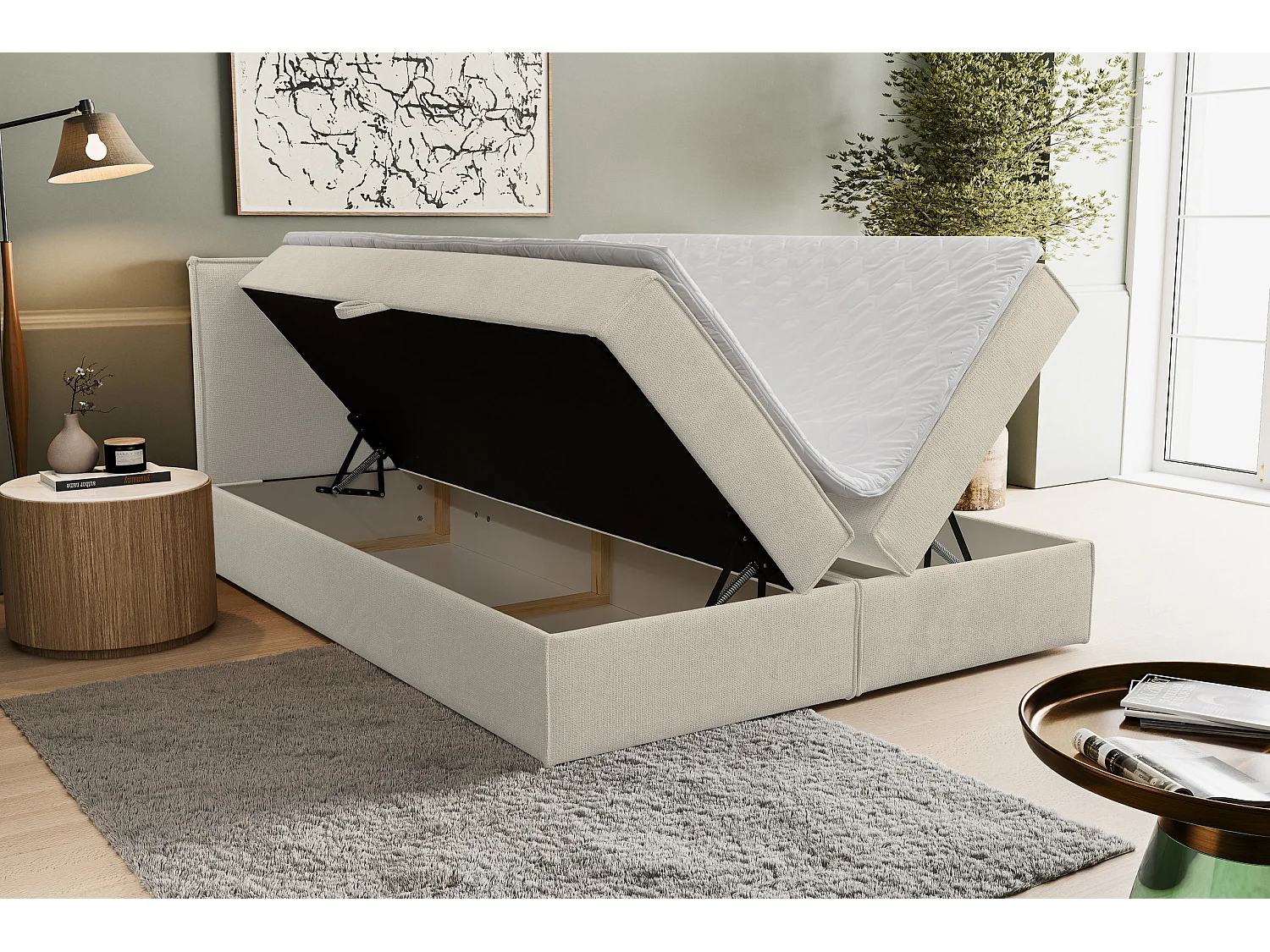 Lit boxspring Calido avec 2 coffres de rangement, lit rembourré Dimensions: 140x200, couleur: beige, tissu structuré