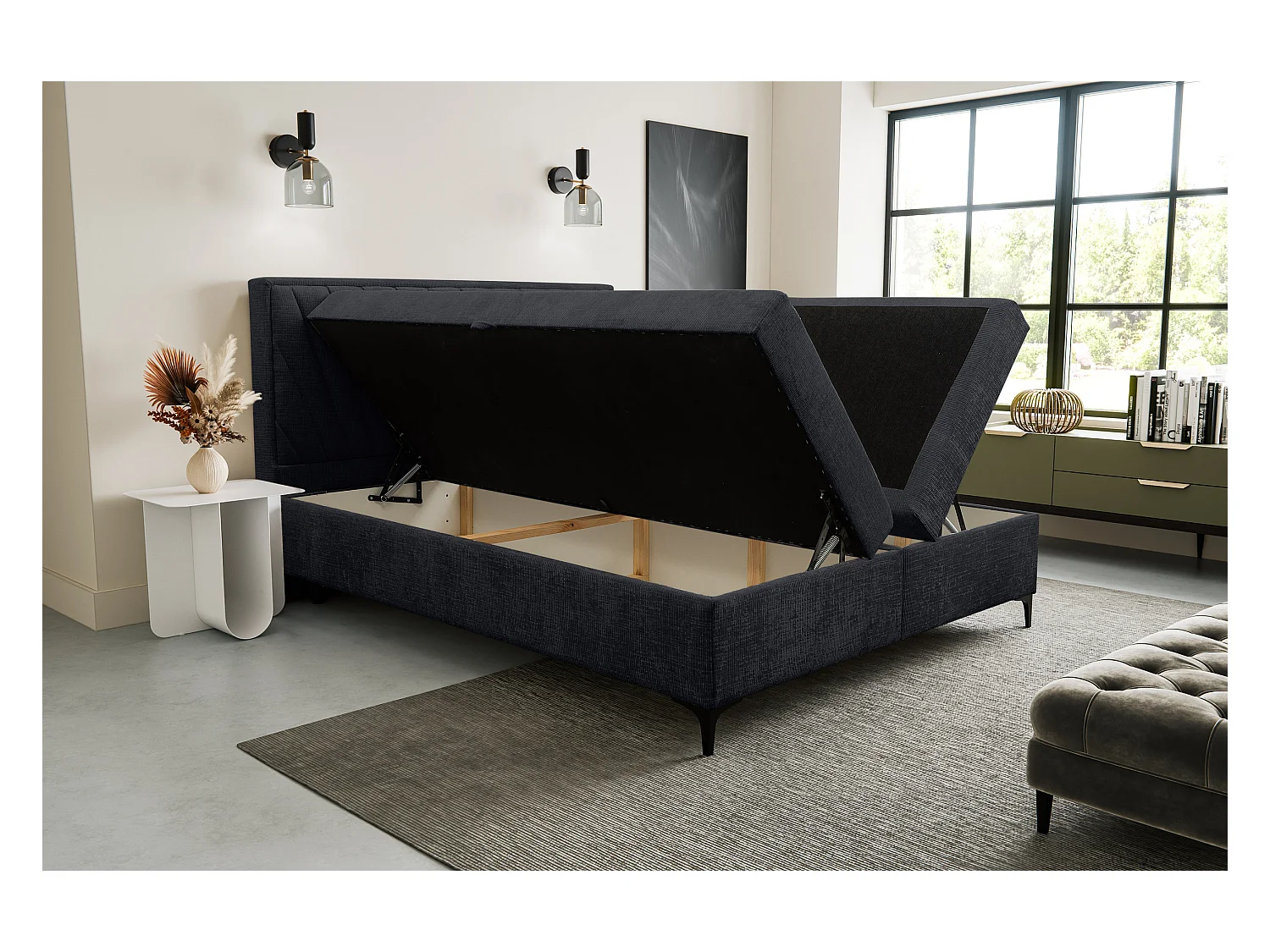 Lit boxspring Cimone avec 2 coffres de rangement, lit rembourré Dimensions: 140x200 cm, couleur: noir, tissu velours