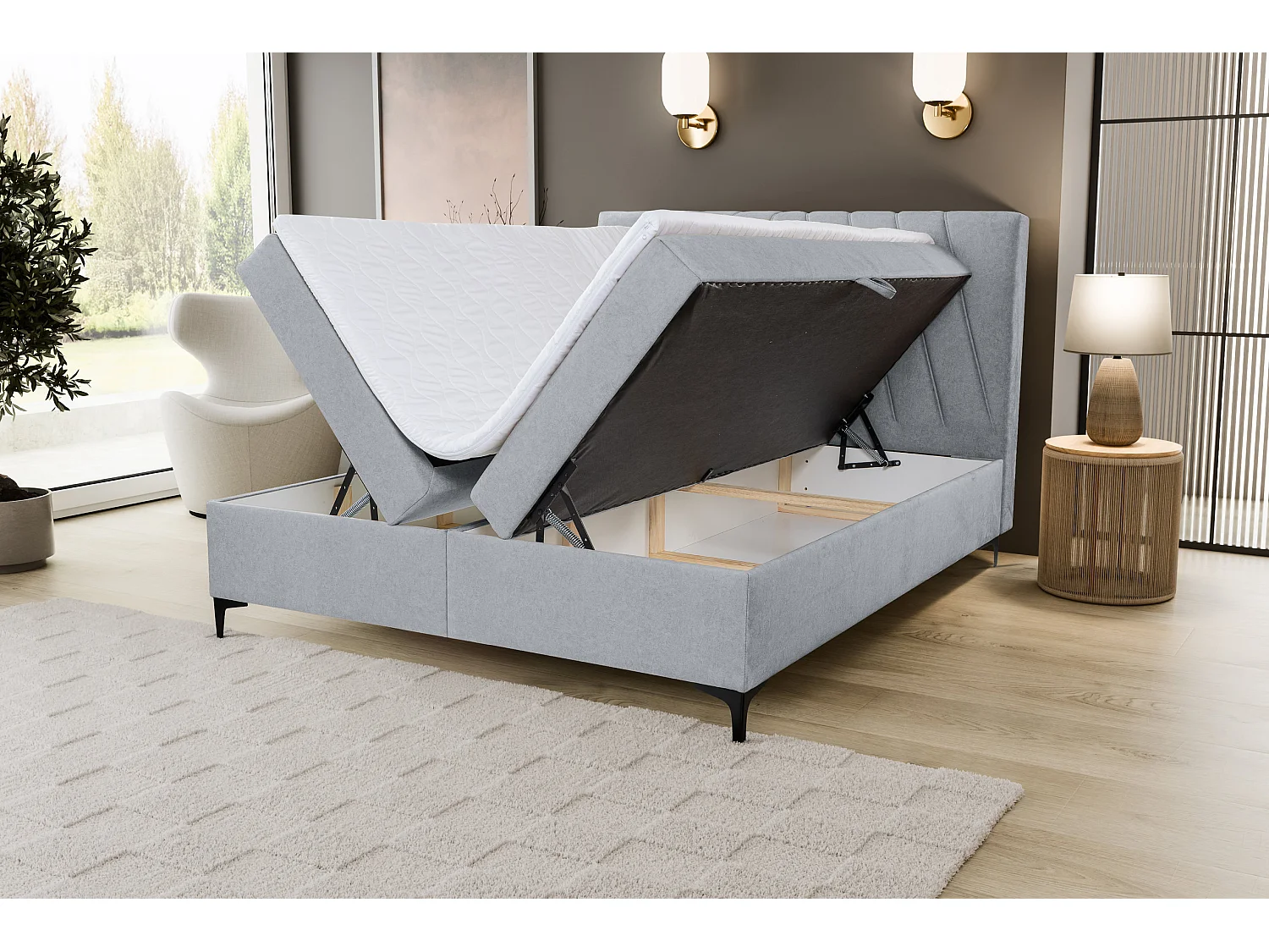 Lit boxspring CAPRI avec 2 coffres de rangement, lit rembourré Dimensions: 140x200 cm, couleur: gris, tissu velours
