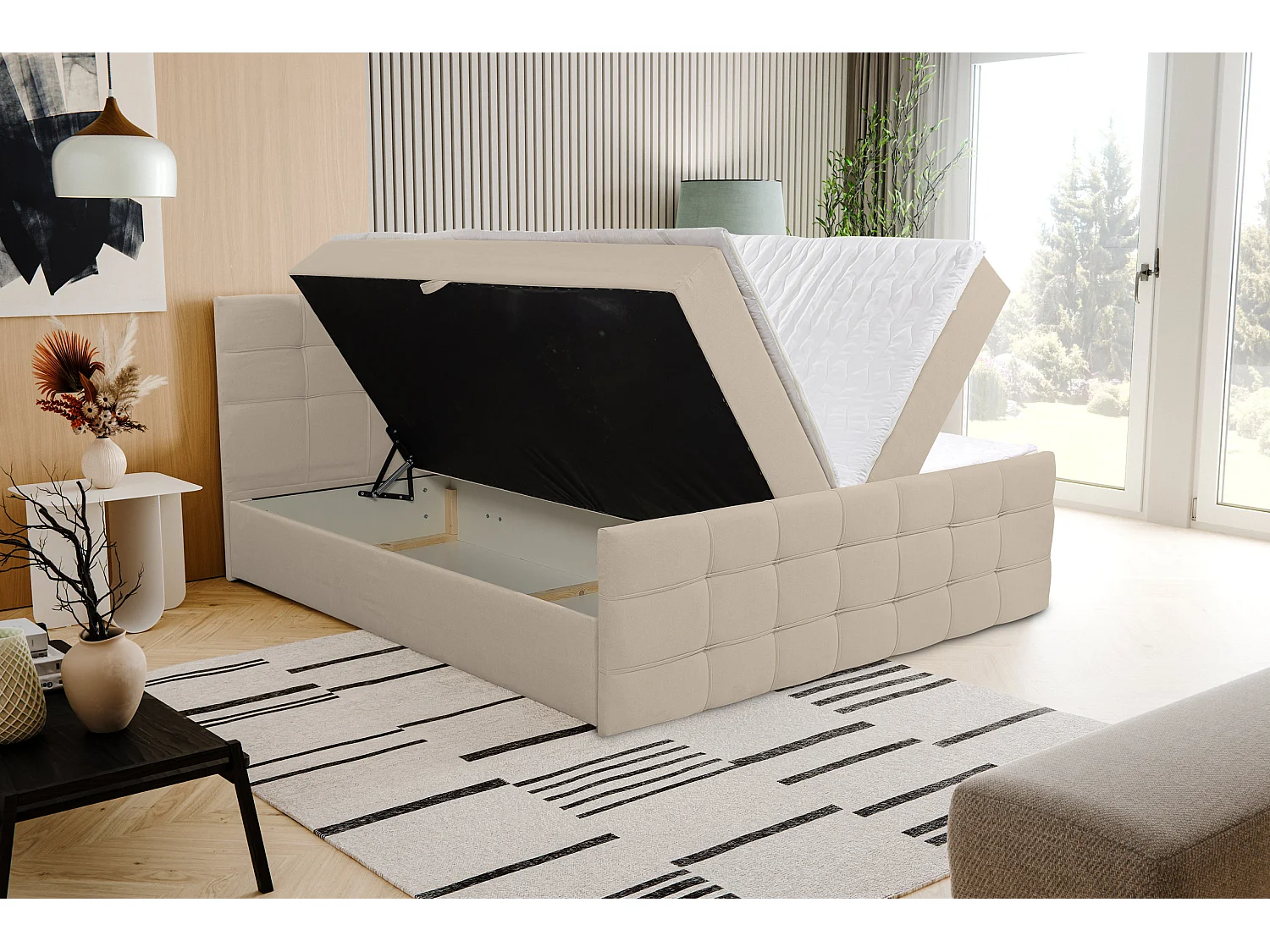 Lit boxspring NATALIE avec 2 coffres de rangement, lit rembourré Dimensions: 160x200, couleur: beige, tissu velours